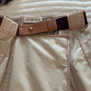 Tory Burch Beige Skirt with Red Topstitching and Brown Leather Belt